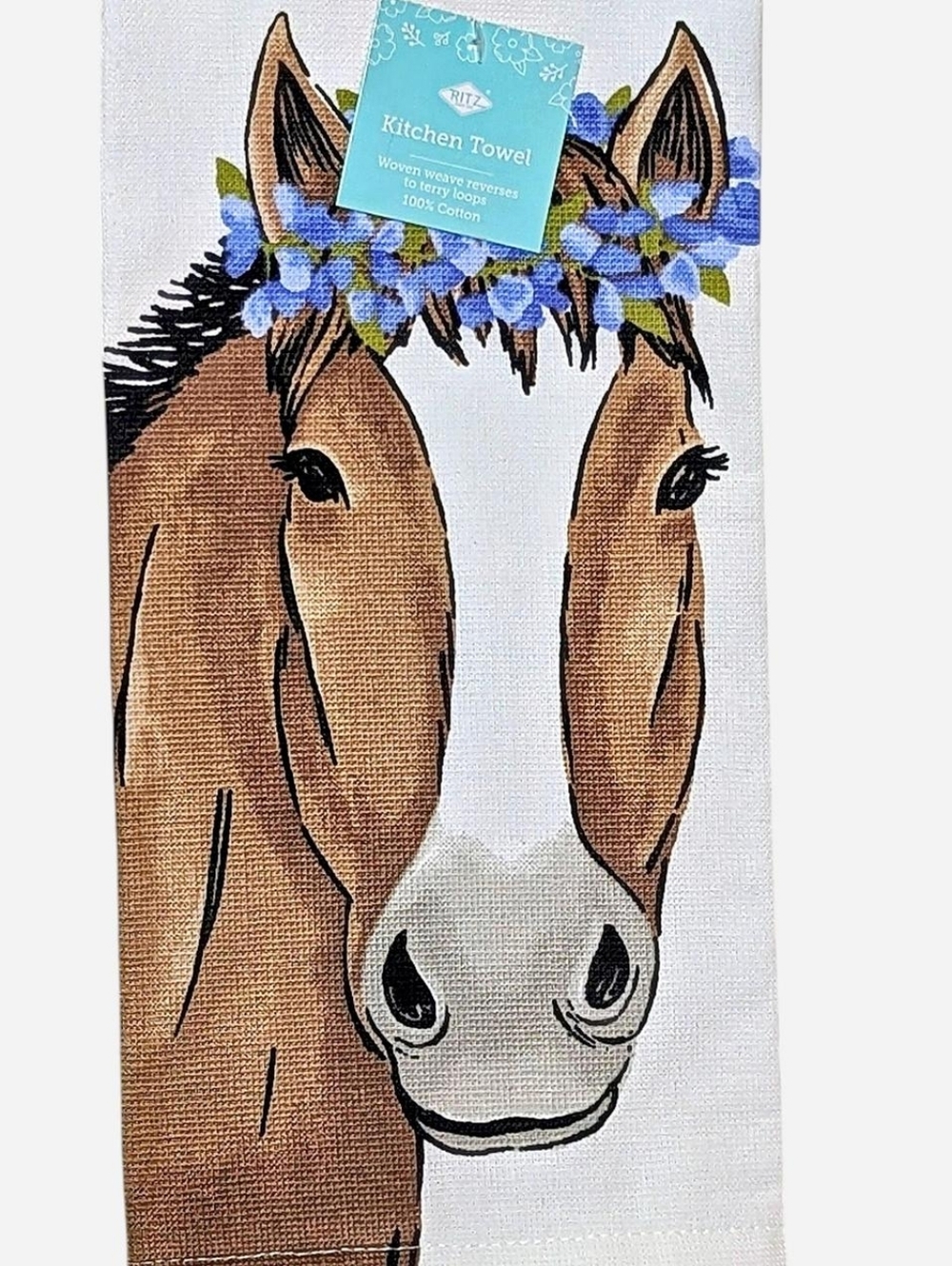 Ritz Horse Watercolor Flower Cotton Kitchen Hand Towel Modern Farm Cottage Decor - Picture 2 of 5